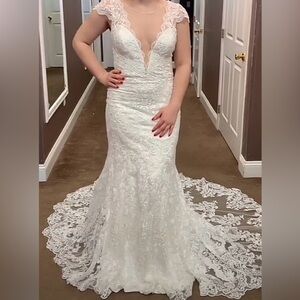 F211007 Rustic Embroidered Lace Wedding Dress with Illusion Neckline/ 10 ivory